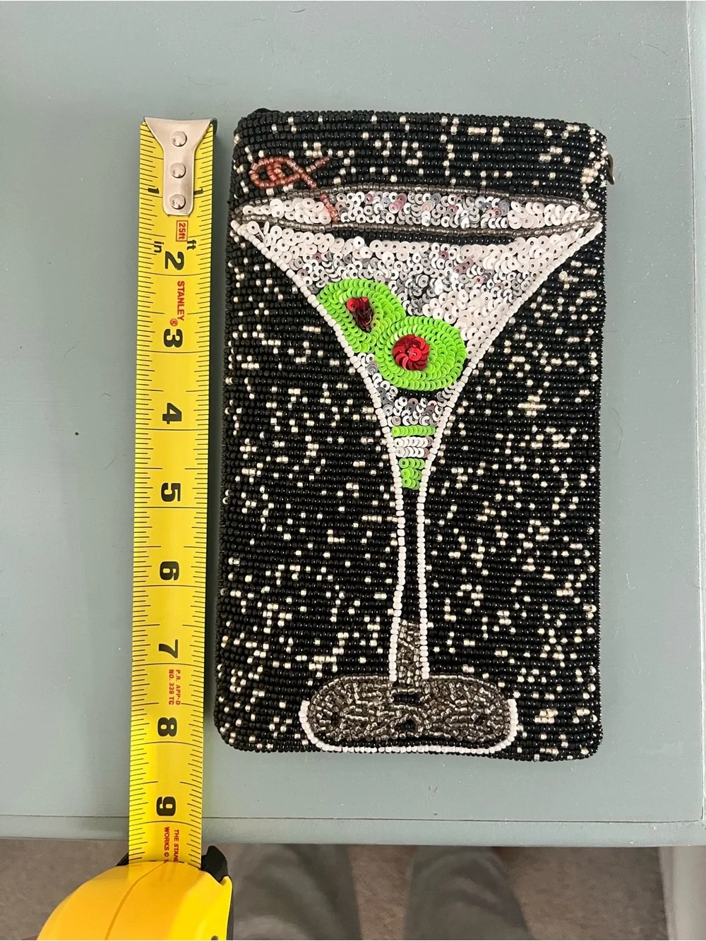 Beaded Wristlet with Olive Martini Cocktail, Black, Silver, Lime and Red